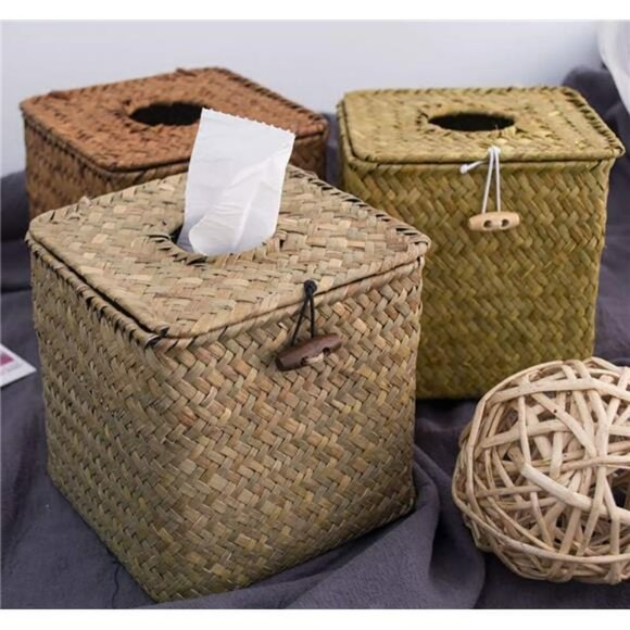 Seagrass tissue box cover set of 2 woven rattan tissue holder bathroom bedroom - Picture 2 of 7
